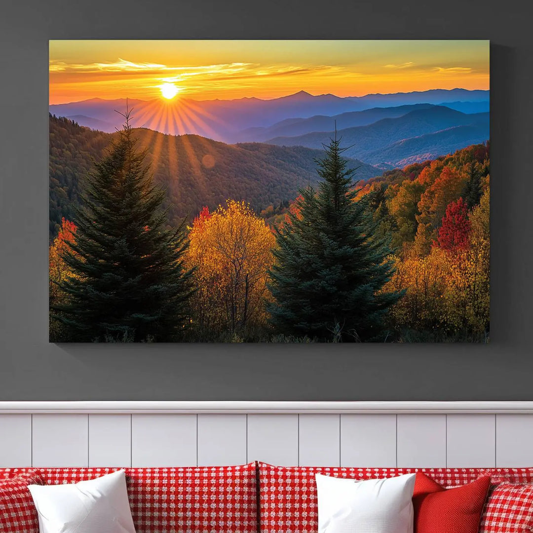 Golden Sunset Over Mountain Forest Canvas Wall Art Print - Warm Nature-Inspired Landscape for Living Room, Dining Room, or Office, Ready to Hang