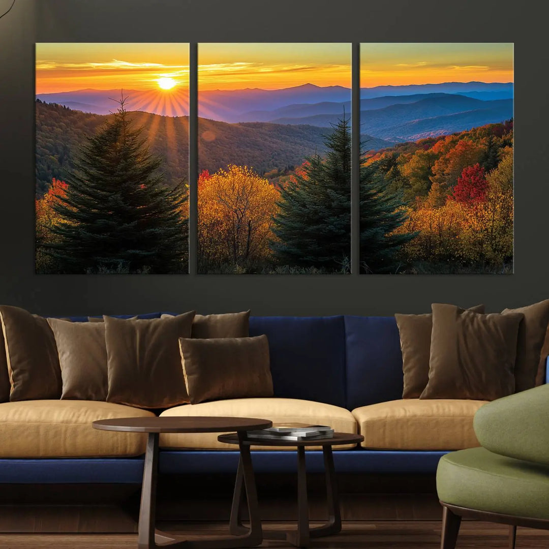 Golden Sunset Over Mountain Forest Canvas Wall Art Print - Warm Nature-Inspired Landscape for Living Room, Dining Room, or Office, Ready to Hang