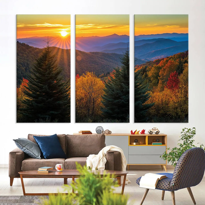 Golden Sunset Over Mountain Forest Canvas Wall Art Print - Warm Nature-Inspired Landscape for Living Room, Dining Room, or Office, Ready to Hang