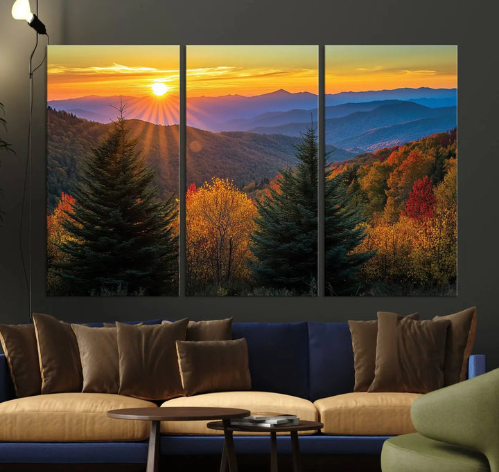 Golden Sunset Over Mountain Forest Canvas Wall Art Print - Warm Nature-Inspired Landscape for Living Room, Dining Room, or Office, Ready to Hang