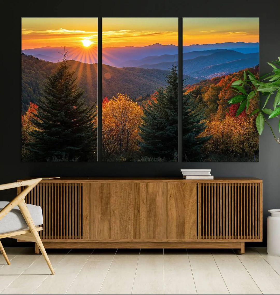 Golden Sunset Over Mountain Forest Canvas Wall Art Print - Warm Nature-Inspired Landscape for Living Room, Dining Room, or Office, Ready to Hang