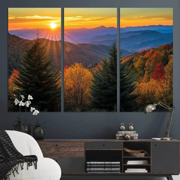 Golden Sunset Over Mountain Forest Canvas Wall Art Print - Warm Nature-Inspired Landscape for Living Room, Dining Room, or Office, Ready to Hang