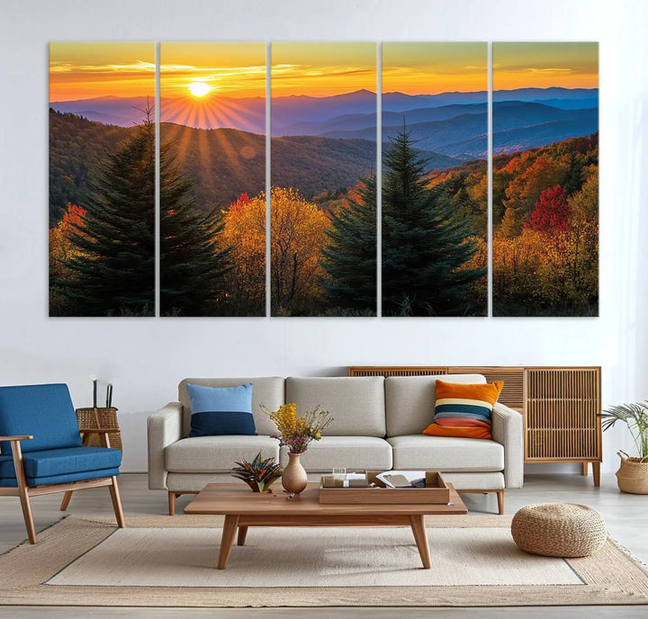 Golden Sunset Over Mountain Forest Canvas Wall Art Print - Warm Nature-Inspired Landscape for Living Room, Dining Room, or Office, Ready to Hang