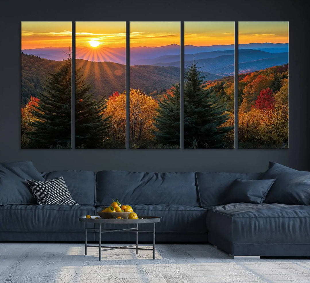 Golden Sunset Over Mountain Forest Canvas Wall Art Print - Warm Nature-Inspired Landscape for Living Room, Dining Room, or Office, Ready to Hang