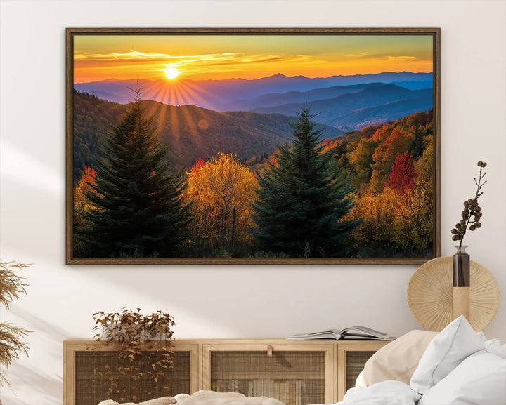 Golden Sunset Over Mountain Forest Canvas Wall Art Print - Warm Nature-Inspired Landscape for Living Room, Dining Room, or Office, Ready to Hang