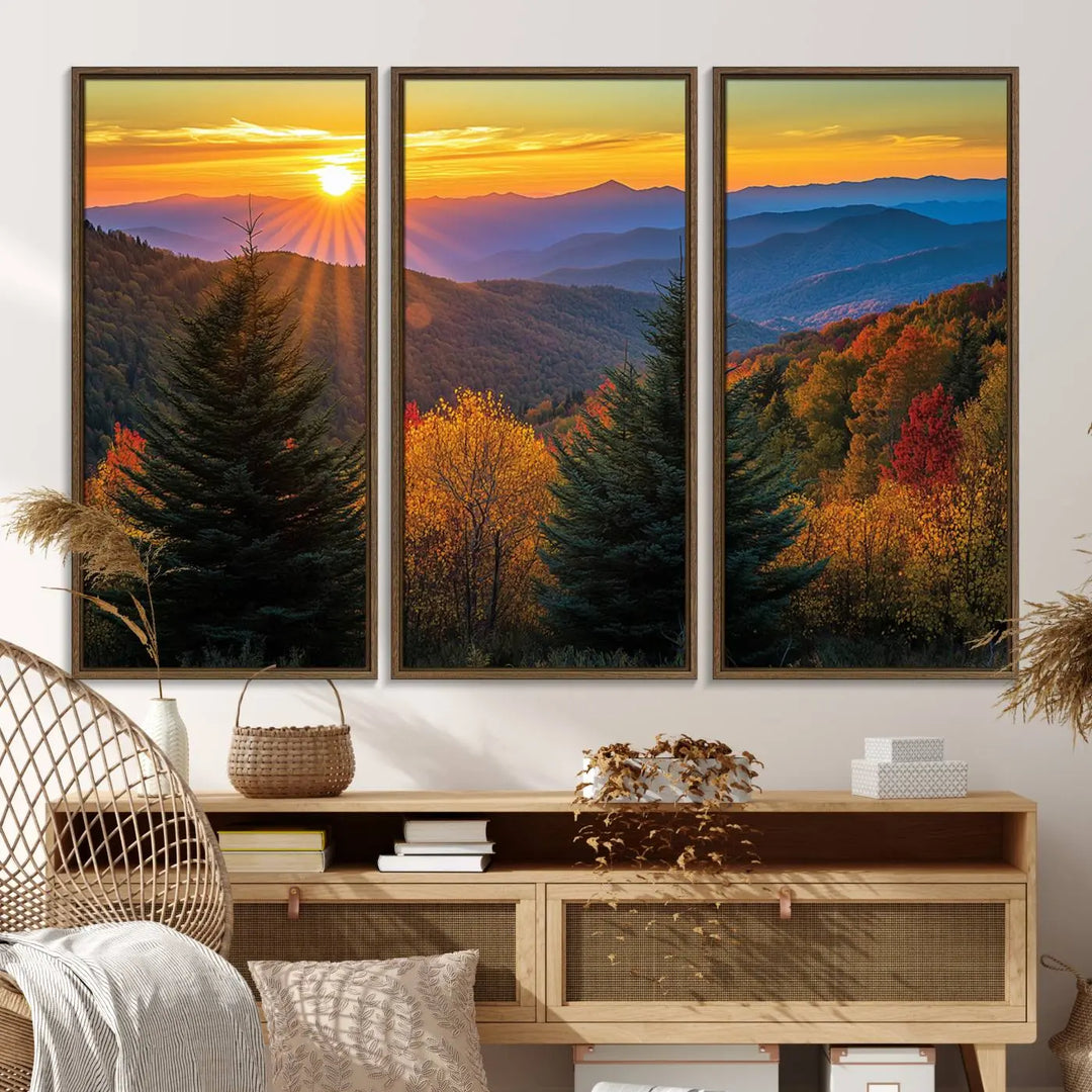 Golden Sunset Over Mountain Forest Canvas Wall Art Print - Warm Nature-Inspired Landscape for Living Room, Dining Room, or Office, Ready to Hang