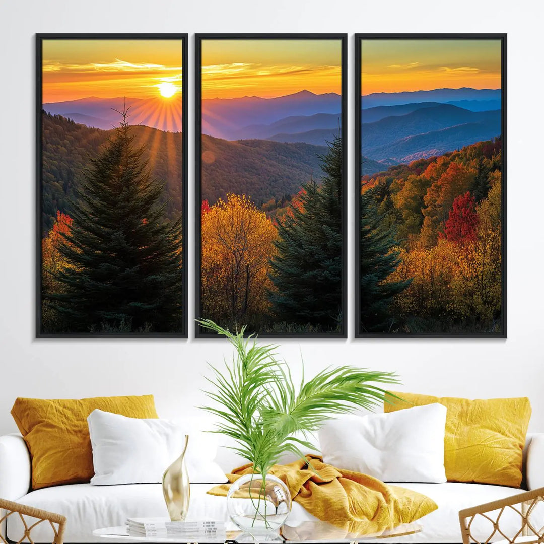 Golden Sunset Over Mountain Forest Canvas Wall Art Print - Warm Nature-Inspired Landscape for Living Room, Dining Room, or Office, Ready to Hang