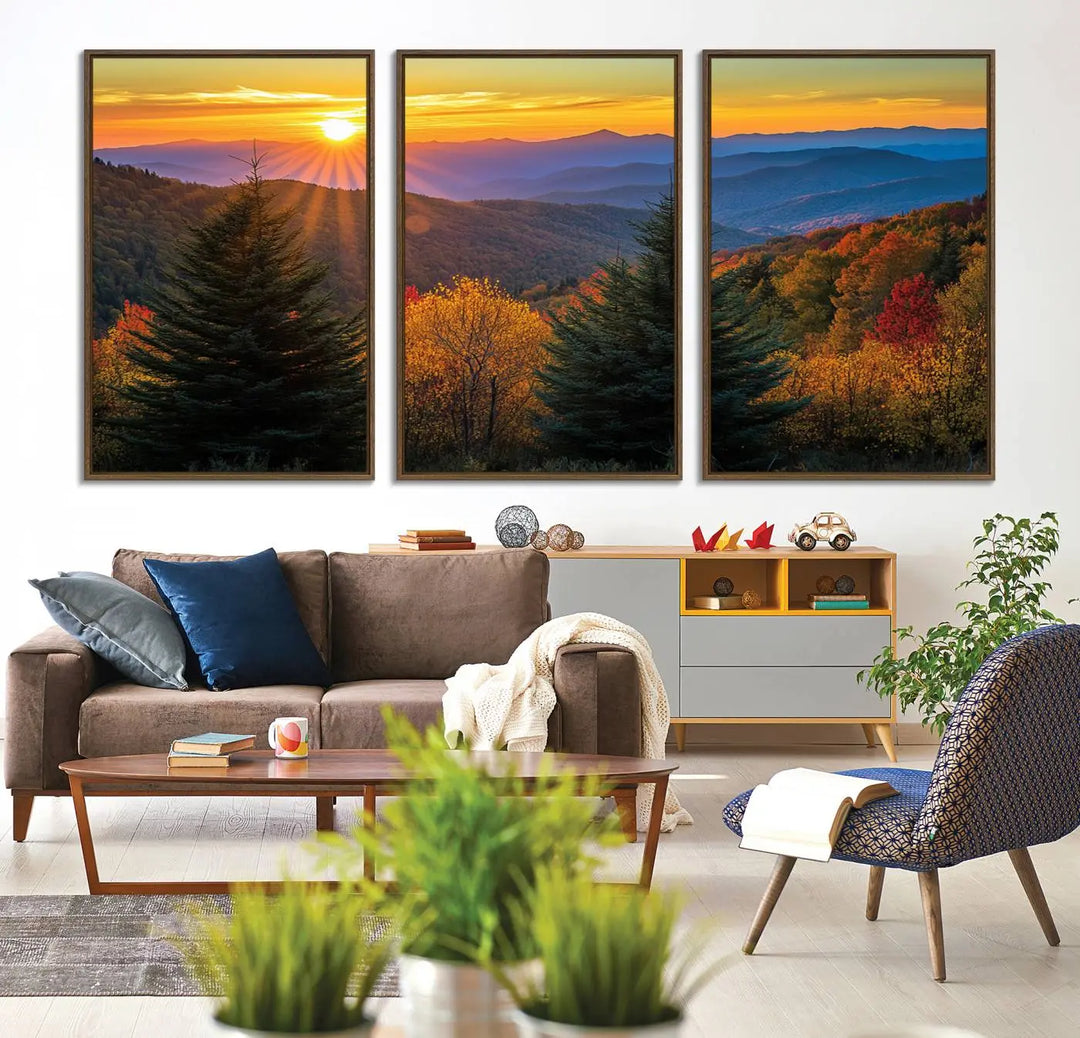 Golden Sunset Over Mountain Forest Canvas Wall Art Print - Warm Nature-Inspired Landscape for Living Room, Dining Room, or Office, Ready to Hang