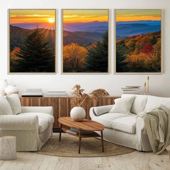 Golden Sunset Over Mountain Forest Canvas Wall Art Print - Warm Nature-Inspired Landscape for Living Room, Dining Room, or Office, Ready to Hang