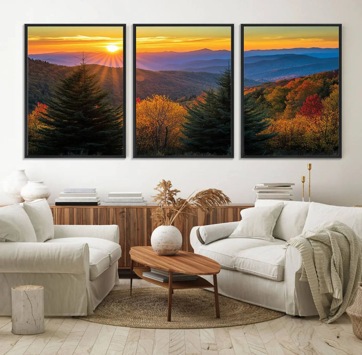 Golden Sunset Over Mountain Forest Canvas Wall Art Print - Warm Nature-Inspired Landscape for Living Room, Dining Room, or Office, Ready to Hang