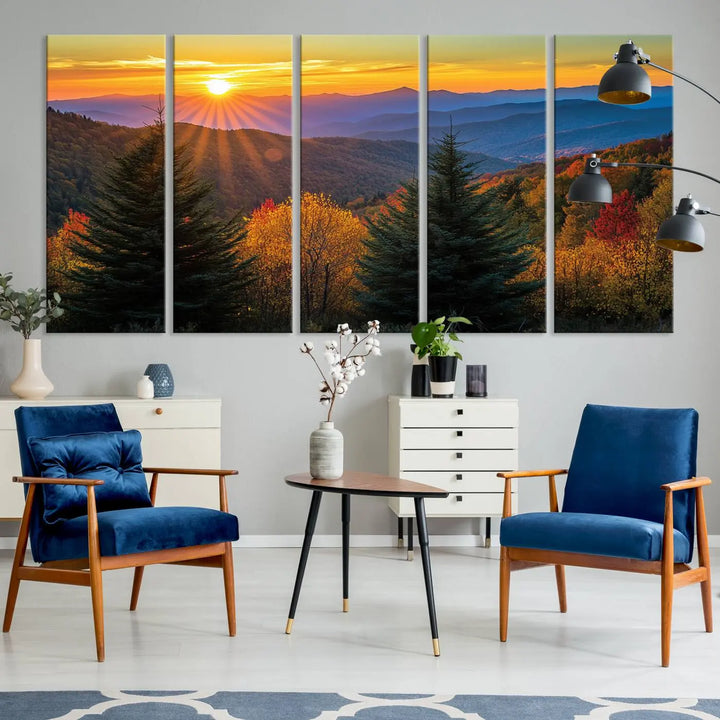 Golden Sunset Over Mountain Forest Canvas Wall Art Print - Warm Nature-Inspired Landscape for Living Room, Dining Room, or Office, Ready to Hang