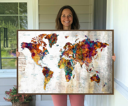 17846-MGV-CV-36X24-Grunge Map on Canvas Gallery Wall Set of 3 Panels Gift Traveler