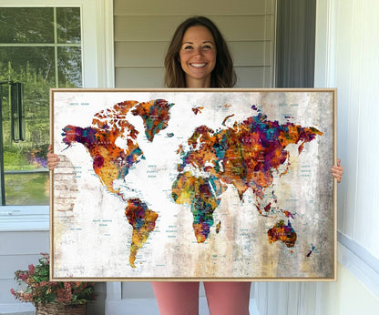 17846-MGV-CV-36X24-Grunge Map on Canvas Gallery Wall Set of 3 Panels Gift Traveler