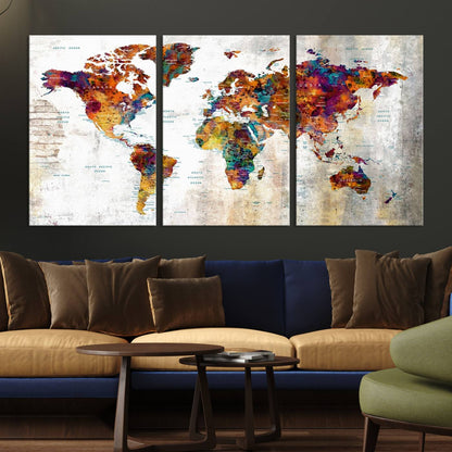 17846-MGV-CV-36X24-Grunge Map on Canvas Gallery Wall Set of 3 Panels Gift Traveler