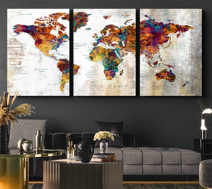 17846-MGV-CV-36X24-Grunge Map on Canvas Gallery Wall Set of 3 Panels Gift Traveler