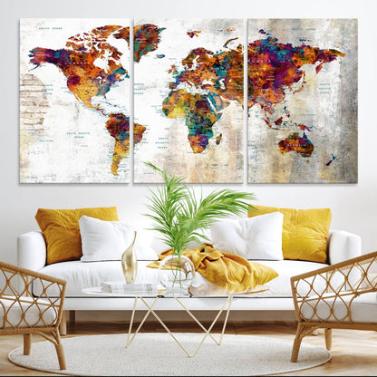 17846-MGV-CV-36X24-Grunge Map on Canvas Gallery Wall Set of 3 Panels Gift Traveler