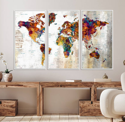 17846-MGV-CV-36X24-Grunge Map on Canvas Gallery Wall Set of 3 Panels Gift Traveler