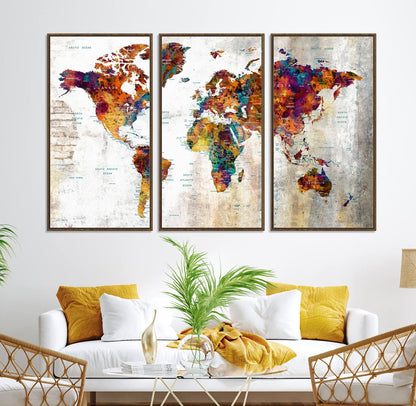 17846-MGV-CV-36X24-Grunge Map on Canvas Gallery Wall Set of 3 Panels Gift Traveler