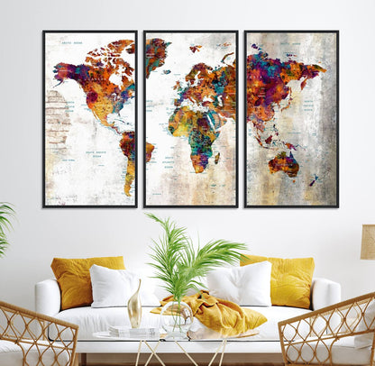 17846-MGV-CV-36X24-Grunge Map on Canvas Gallery Wall Set of 3 Panels Gift Traveler