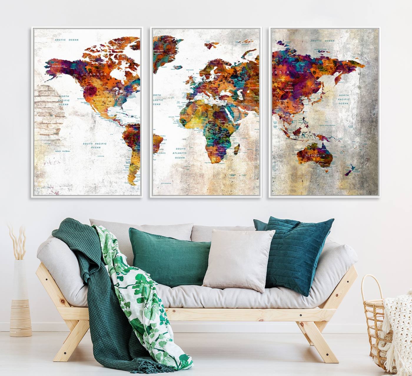 17846-MGV-CV-36X24-Grunge Map on Canvas Gallery Wall Set of 3 Panels Gift Traveler
