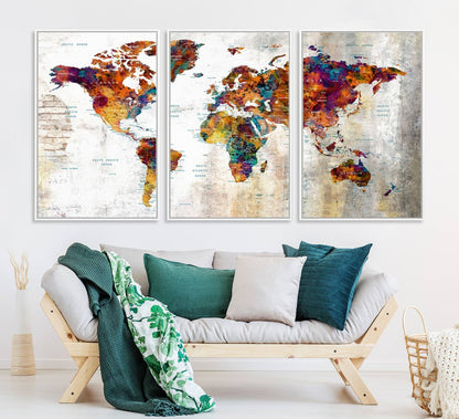 17846-MGV-CV-36X24-Grunge Map on Canvas Gallery Wall Set of 3 Panels Gift Traveler