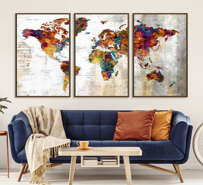 17846-MGV-CV-36X24-Grunge Map on Canvas Gallery Wall Set of 3 Panels Gift Traveler