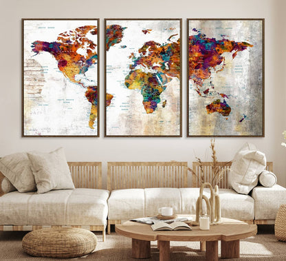 17846-MGV-CV-36X24-Grunge Map on Canvas Gallery Wall Set of 3 Panels Gift Traveler