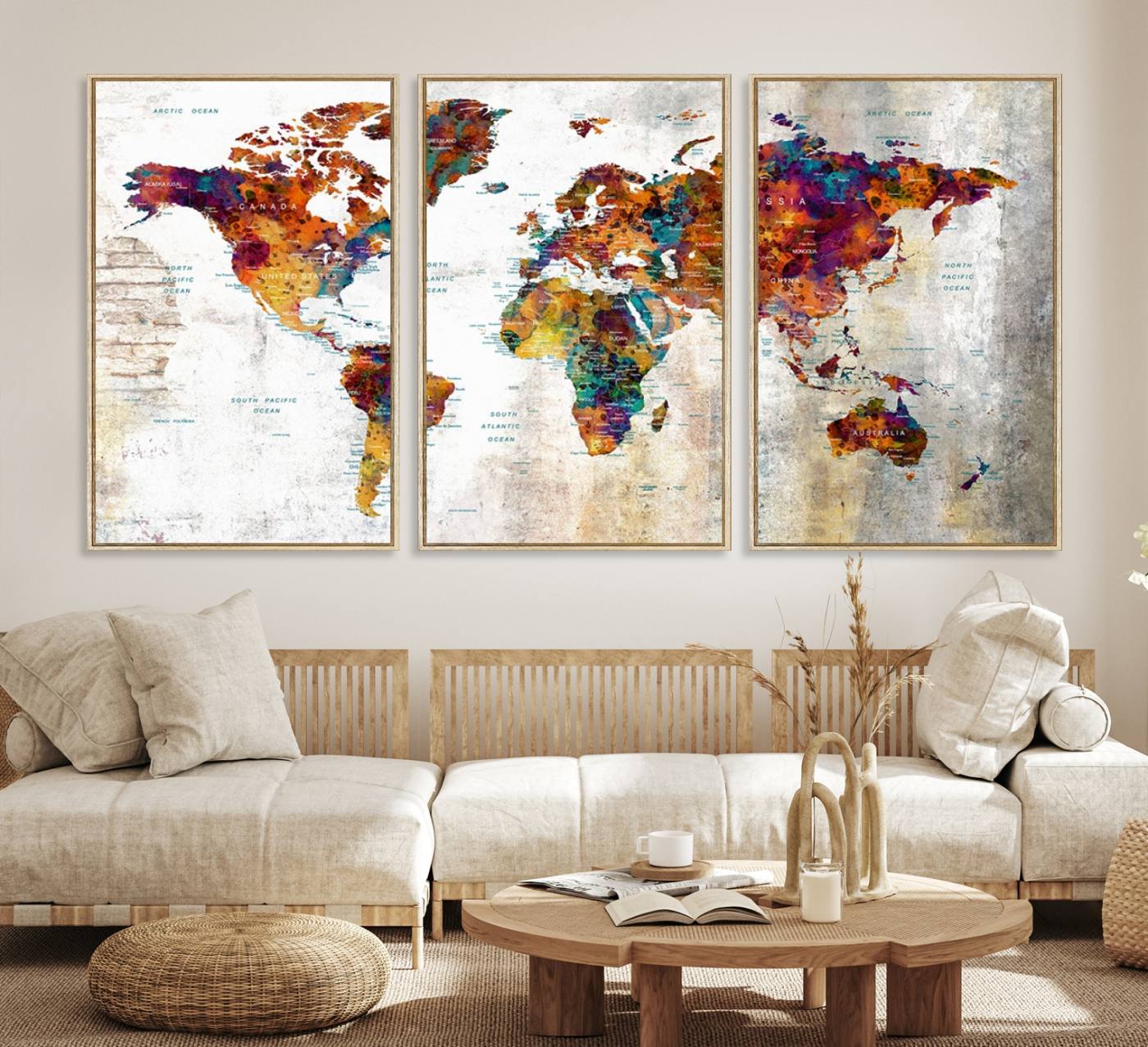 17846-MGV-CV-36X24-Grunge Map on Canvas Gallery Wall Set of 3 Panels Gift Traveler