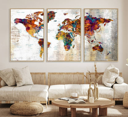 17846-MGV-CV-36X24-Grunge Map on Canvas Gallery Wall Set of 3 Panels Gift Traveler