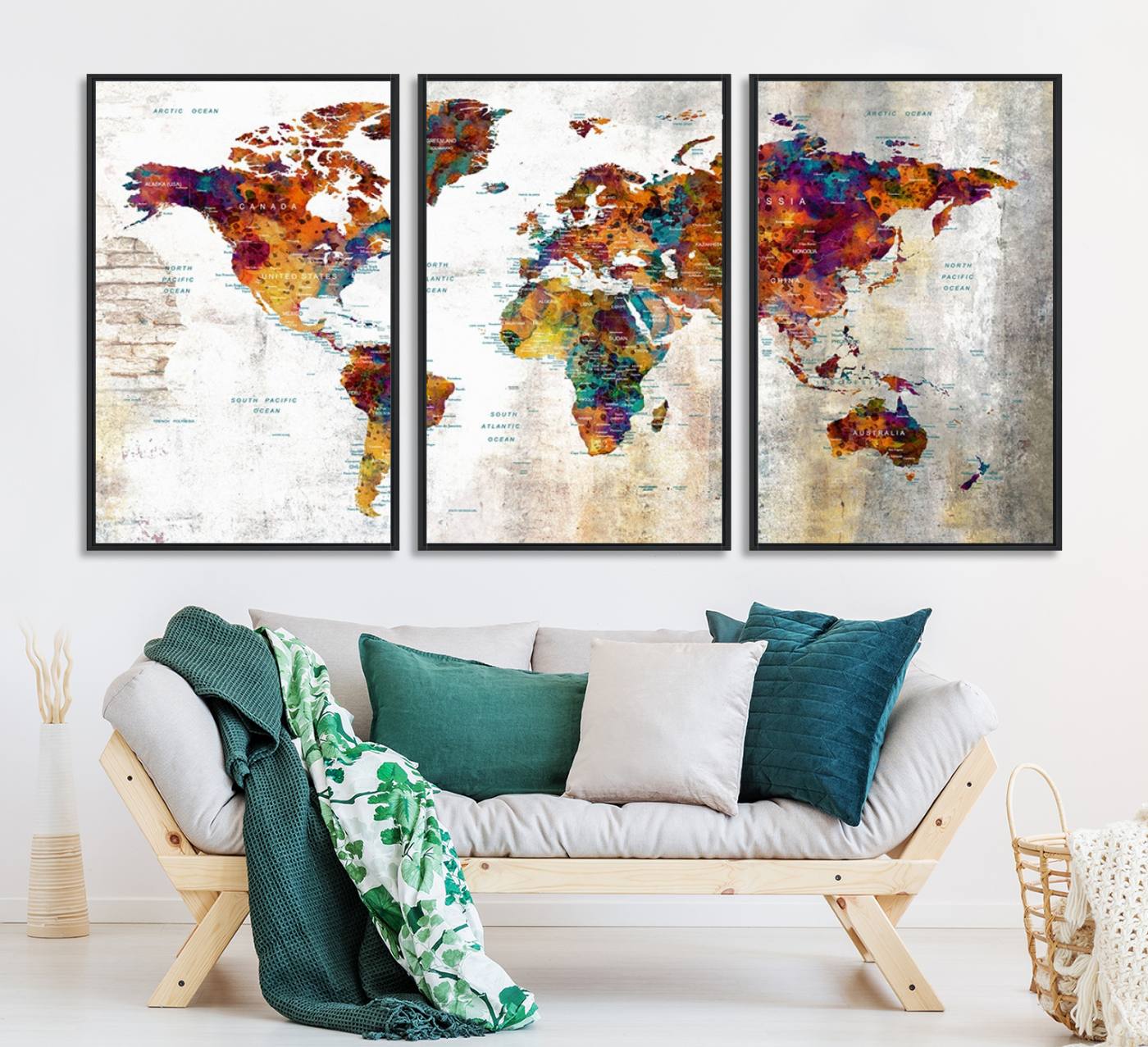 17846-MGV-CV-36X24-Grunge Map on Canvas Gallery Wall Set of 3 Panels Gift Traveler