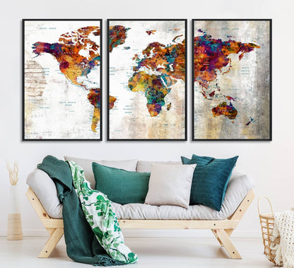 17846-MGV-CV-36X24-Grunge Map on Canvas Gallery Wall Set of 3 Panels Gift Traveler