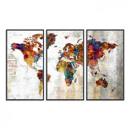 17846-MGV-FC-48X32-3P_Black-Grunge Map on Canvas Gallery Wall Set of 3 Panels Gift Traveler