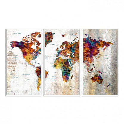 17846-MGV-FC-48X32-3P_White-Grunge Map on Canvas Gallery Wall Set of 3 Panels Gift Traveler