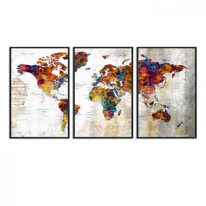 17846-MGV-FC-60X30-3P_Black-Grunge Map on Canvas Gallery Wall Set of 3 Panels Gift Traveler