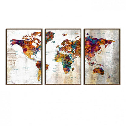17846-MGV-FC-60X30-3P_Walnut-Grunge Map on Canvas Gallery Wall Set of 3 Panels Gift Traveler