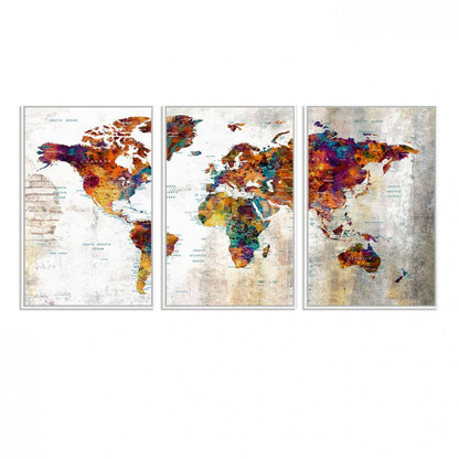 17846-MGV-FC-60X30-3P_White-Grunge Map on Canvas Gallery Wall Set of 3 Panels Gift Traveler