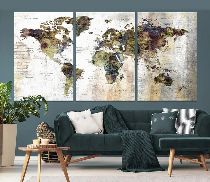 Grunge Travel Map Push Pin World Map Wall Art Canvas Print Wall Decor