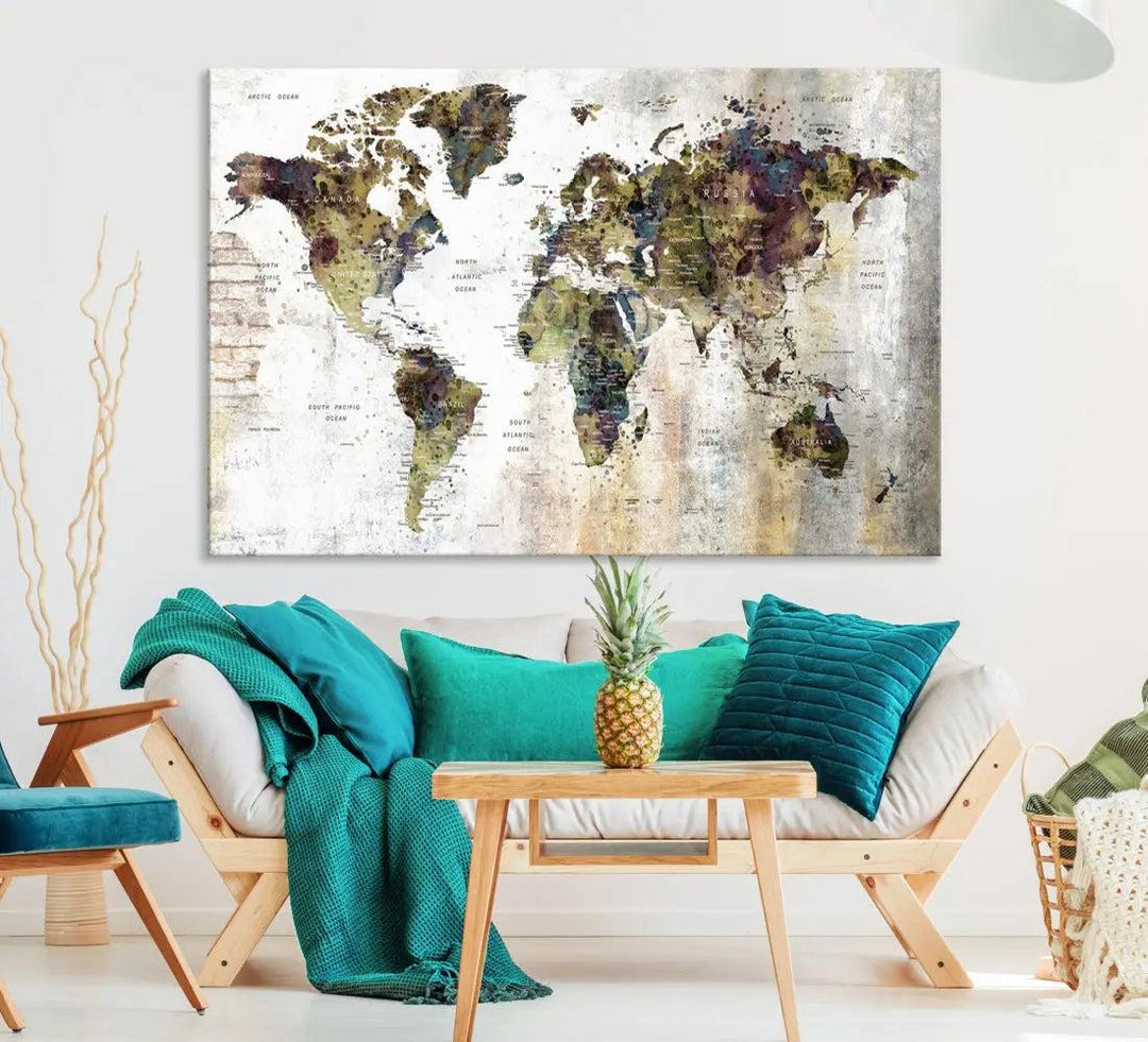 Grunge Travel Map Push Pin World Map Wall Art Canvas Print Wall Decor