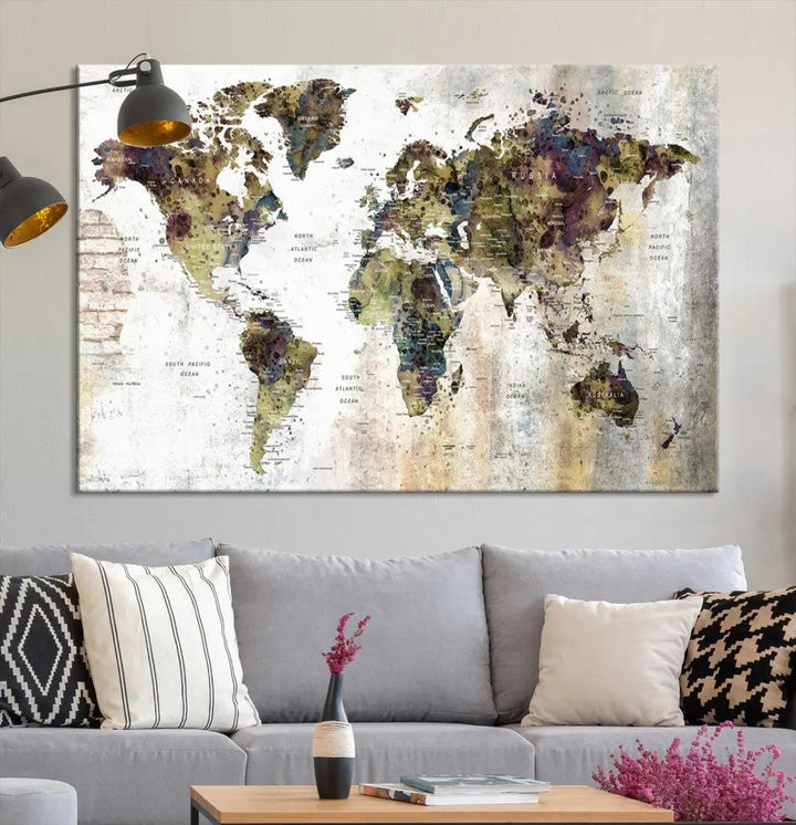 Grunge Travel Map Push Pin World Map Wall Art Canvas Print Wall Decor