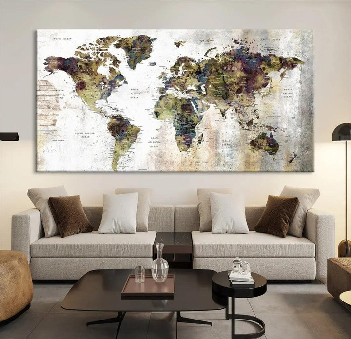 Grunge Travel Map Push Pin World Map Wall Art Canvas Print Wall Decor