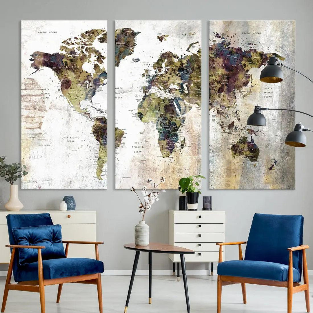 Grunge Travel Map Push Pin World Map Wall Art Canvas Print Wall Decor