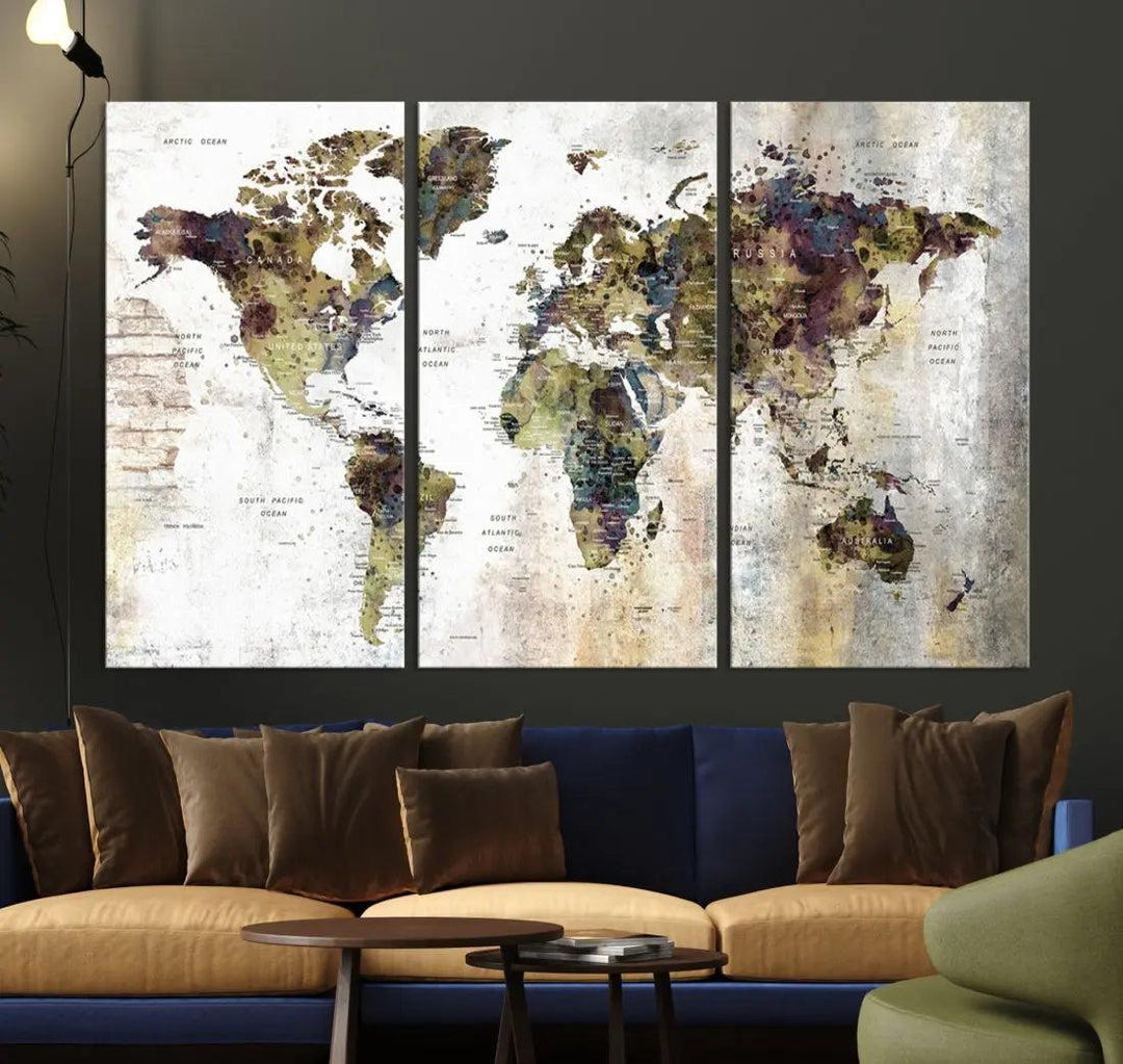 Grunge Travel Map Push Pin World Map Wall Art Canvas Print Wall Decor