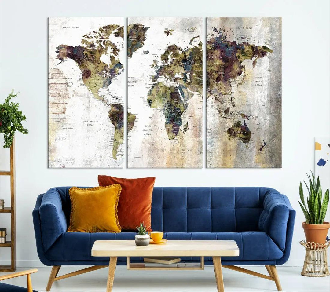 Grunge Travel Map Push Pin World Map Wall Art Canvas Print Wall Decor