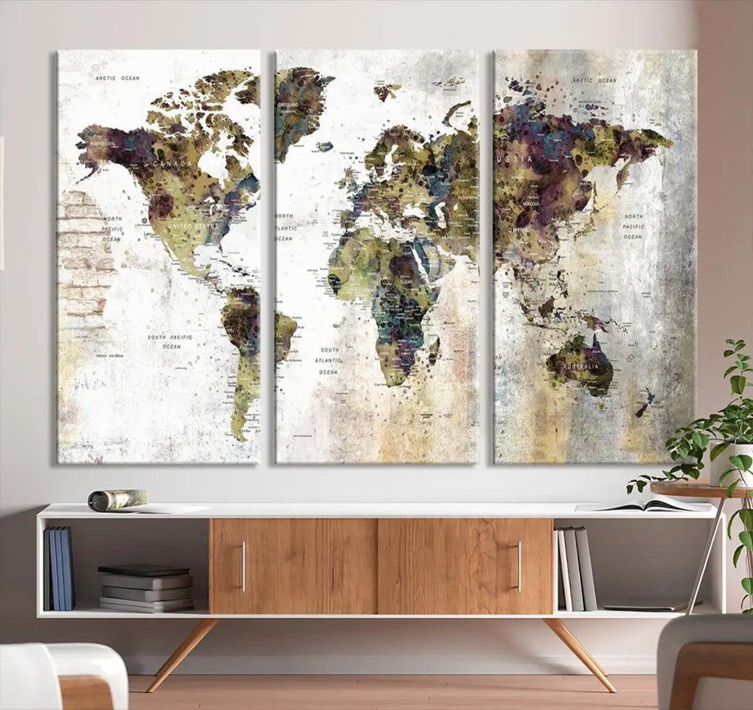 Grunge Travel Map Push Pin World Map Wall Art Canvas Print Wall Decor