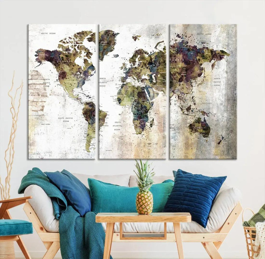 Grunge Travel Map Push Pin World Map Wall Art Canvas Print Wall Decor