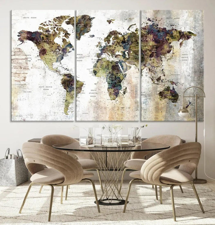 Grunge Travel Map Push Pin World Map Wall Art Canvas Print Wall Decor