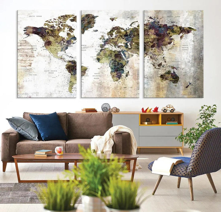 Grunge Travel Map Push Pin World Map Wall Art Canvas Print Wall Decor