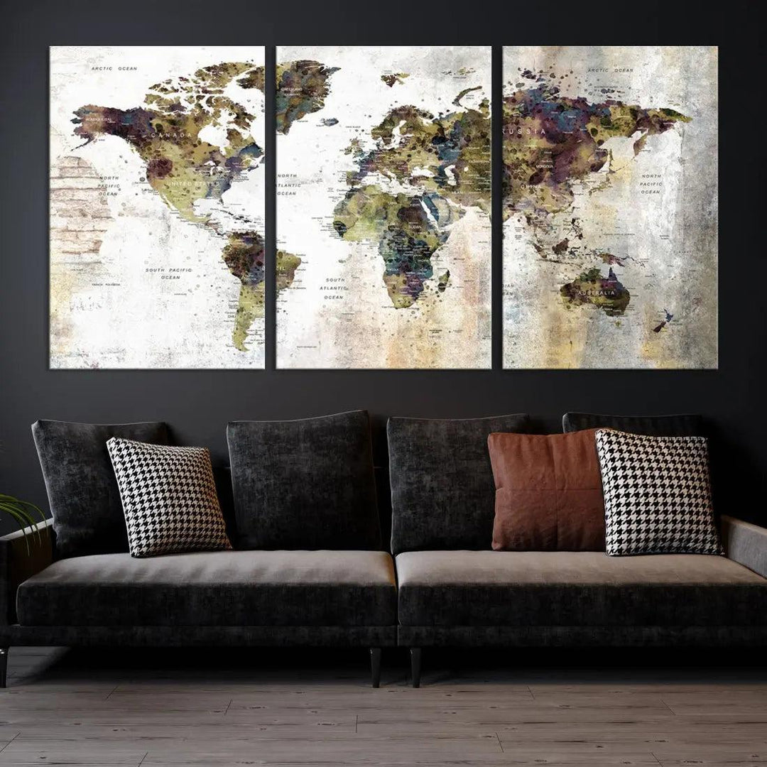 Grunge Travel Map Push Pin World Map Wall Art Canvas Print Wall Decor