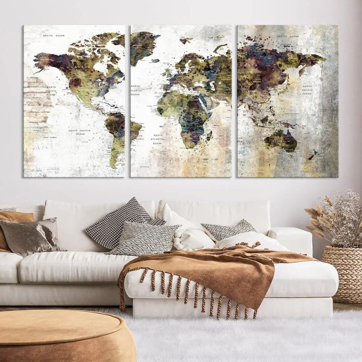 Grunge Travel Map Push Pin World Map Wall Art Canvas Print Wall Decor