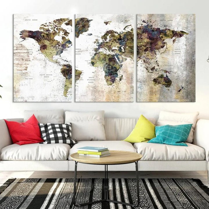 Grunge Travel Map Push Pin World Map Wall Art Canvas Print Wall Decor